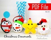 Diy Christmas Ornament set of 4 Felt Ornaments, Sewing Pattern Snowman, Santa, happy Star, Penguin- Set A Instant Download A868 Il_170x135
