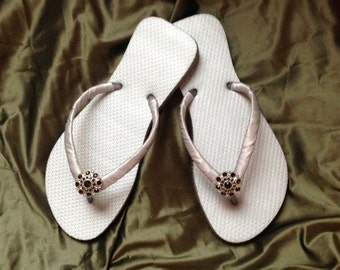 Bridal Party Silver Brazilian Made Rubber Flip Flops With Satin Wrapped Straps Completed with Silver and Black Rhinestone Embellishment
