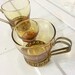 Libbey Coffee Time Set - Amber Coffee Glasses Tea Cups Metal Handles Greek Key A
