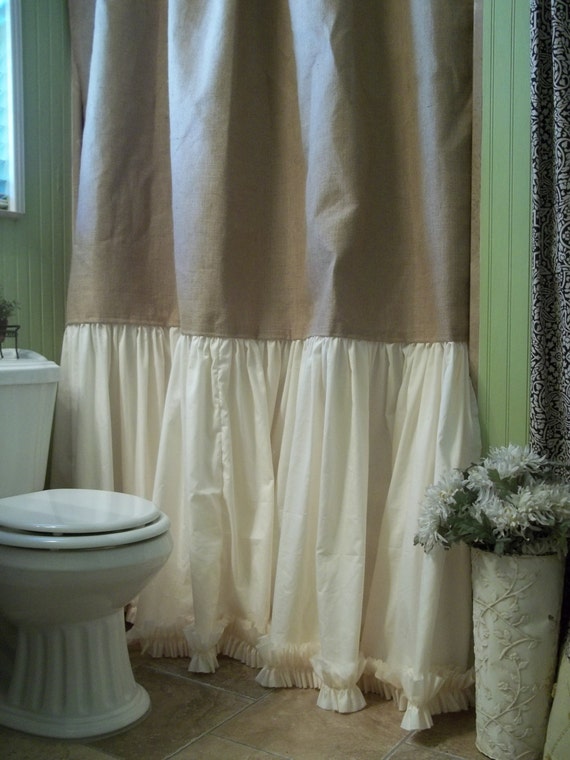 Burlap Shower Curtain Shabby Chic Burlap & Cotton Gathered