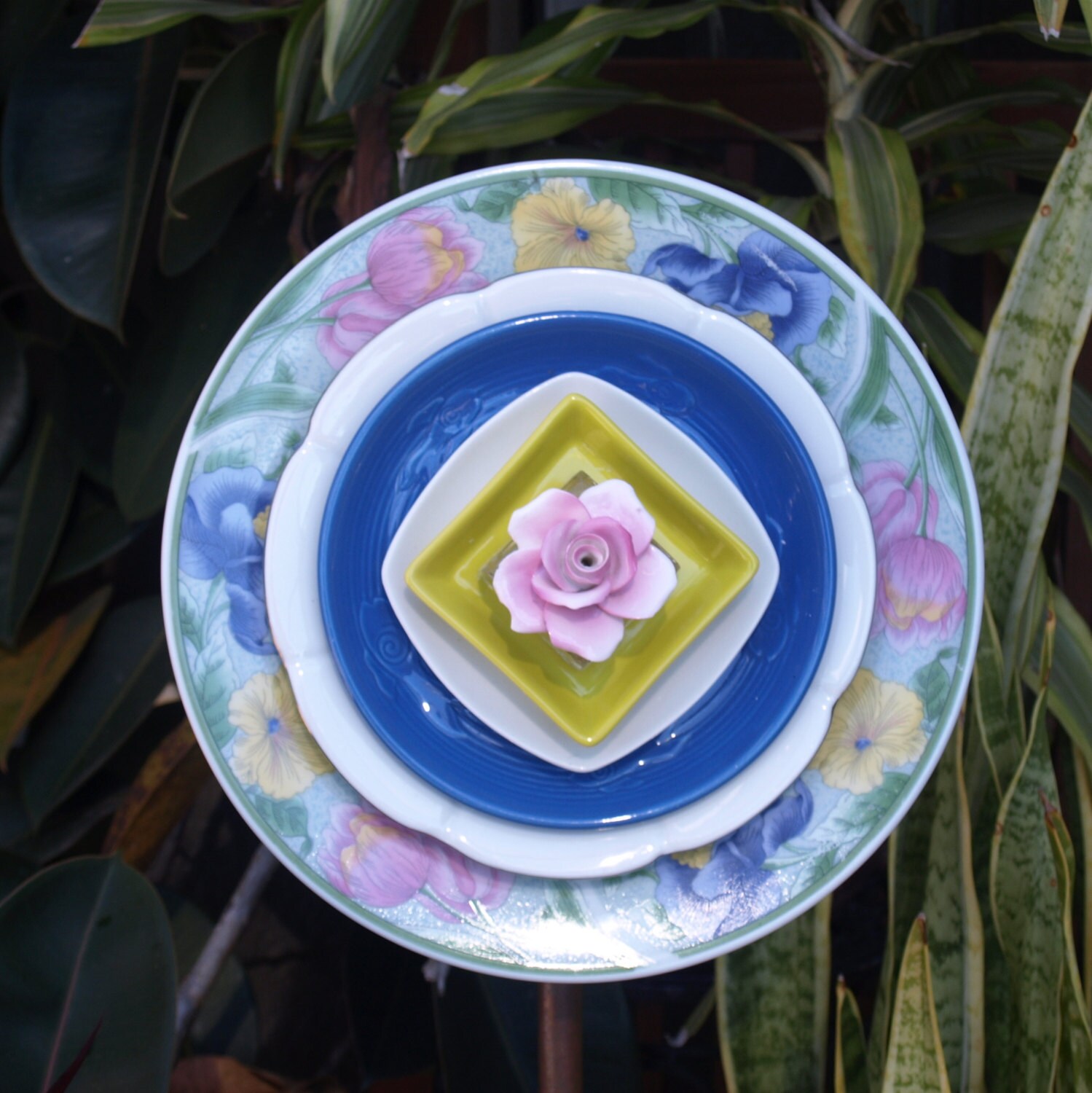 Soft Blue pink Yellow Repurpose Glass Plate Flower vintage