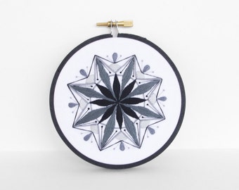Black and White Art, Mandala Hand Embroidery Hoop Art, 4 inch Embroidery Hoop Fiber Art in Tangerine, Butter & Peach