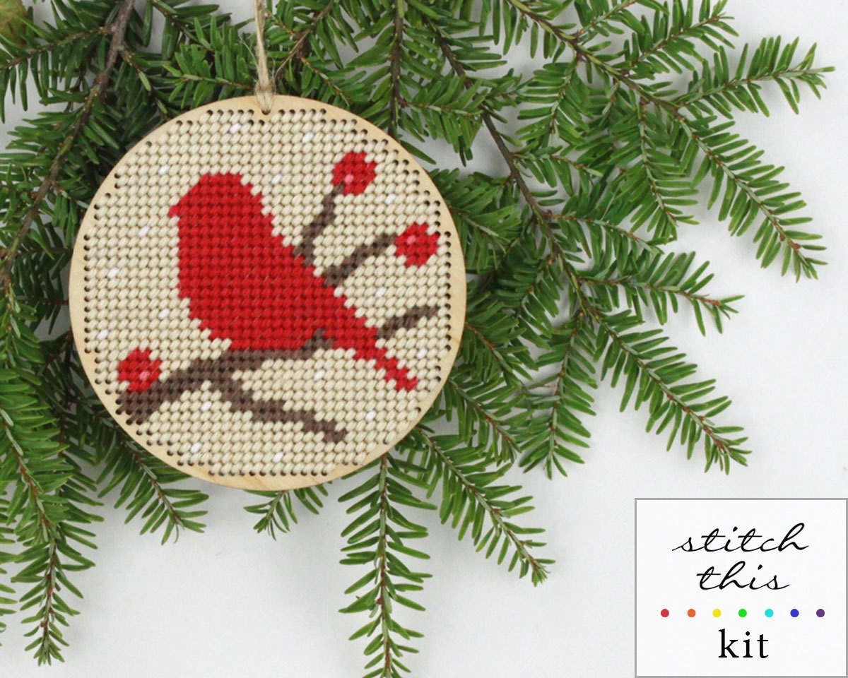 christmas ornament needlepoint kit diy winter red bird
