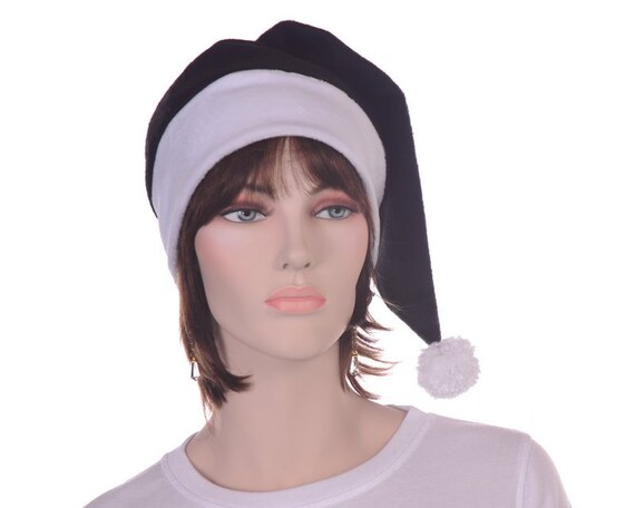 Goth Black Santa Hat Stocking Cap with White Velour Headband