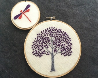 Hand embroidered tree and dragonfly hoop art home decor wall decoration in aqua, orange, citrine green, purple or spring green.