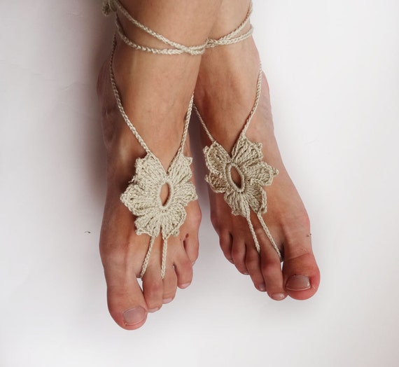 Crochet Beige Barefoot Sandals, Foot Jewelry for Beach Wedding