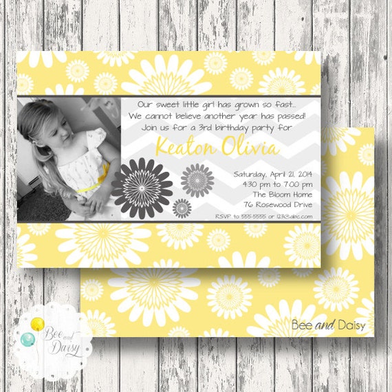 Daisy Invitation for Birthday Party or Baby Shower - Girls Yellow Gray Printable Photo Invite by BeeAndDaisy Il_570xn
