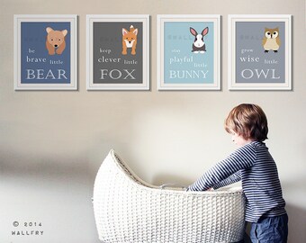 Boy nursery decor. Woodland nursery wall art. Boy nursery wall art be brave art for boys. Set of 4 woodland prints by WallFry