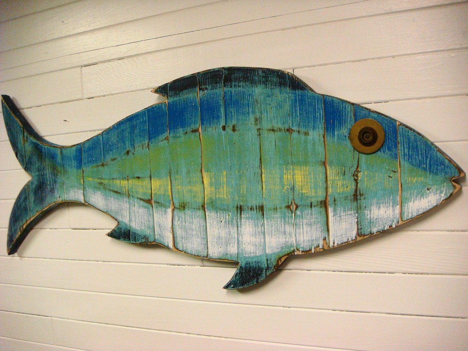 Fish Sign Beach House Weathered Wood Wall Art in Sea Glass