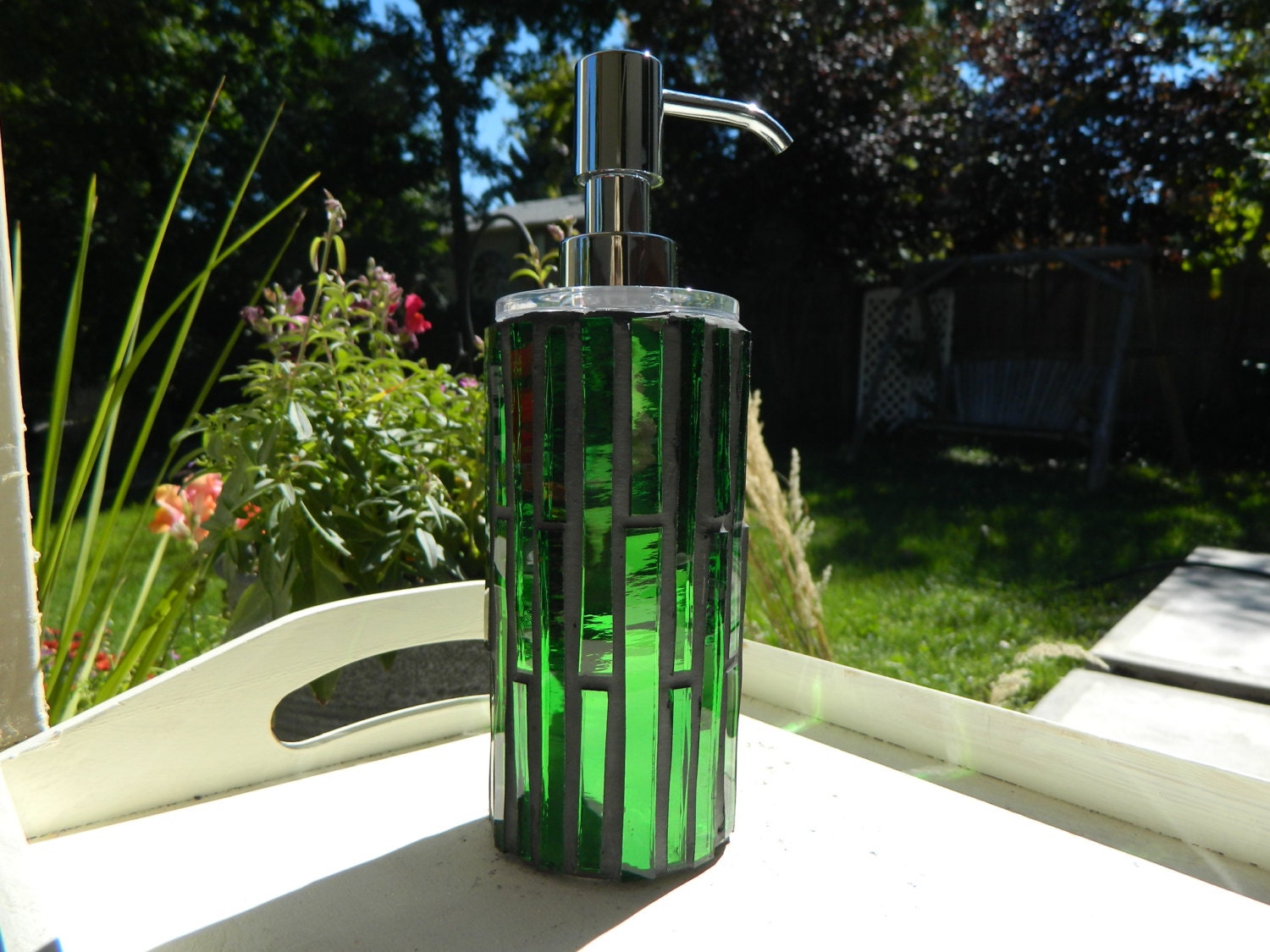 Green Stained glass mirror mosaic soap/lotion dispenser with