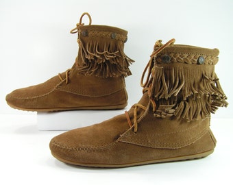 ... 10 M brown leather fringe native american indian shoes ankle boots