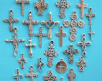 Deluxe Cross Charm Collection Antique Silver Tone 26 Different Charms - COL258