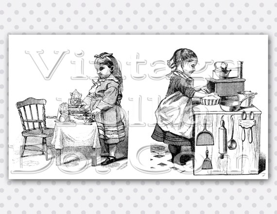 Items similar to Vintage Clip Children Art Tea Party Girls Dolls Baking ...