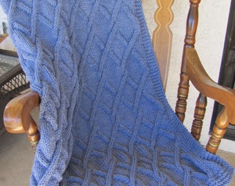 Hand Knitted Blanket OOAK Twisted Cable Denim Blue