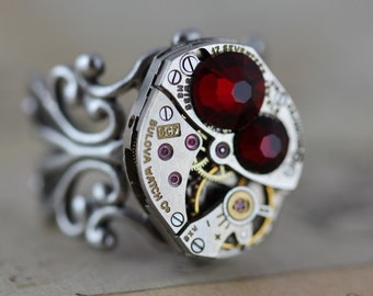 Steampunk Gift Ring Red Garnet Ring Watch Ring Unique Ring Filigree Ring Silver Ring Steampunk Jewelry Steam Punk Ring Adjustable Red Ring