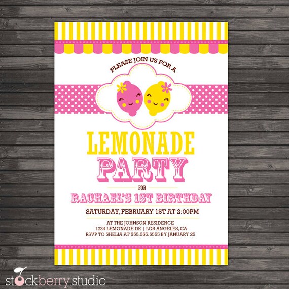 Pink Lemonade Invitation - Yellow and Pink Girl Birthday Invite - Lemon Thank You Card Il_570xn