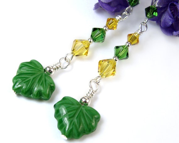 Green Yellow Leaf Earrings Swarovski Crystals Sterling Silver Long Dangles