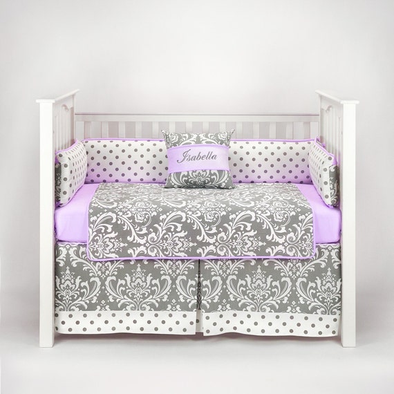 Custom Made Damask Polkadot Gray & Lilac Crib Bedding Set
