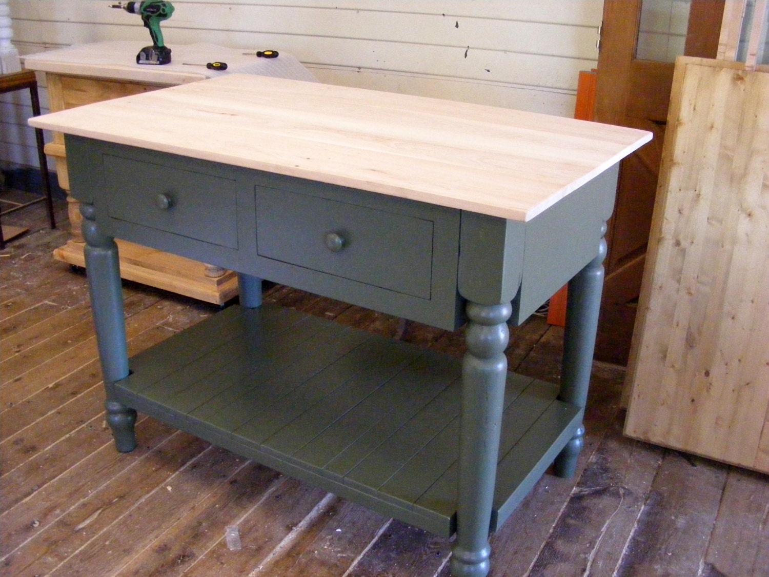 Simple Cottage Kitchen Island Olive Green MAPLE Top