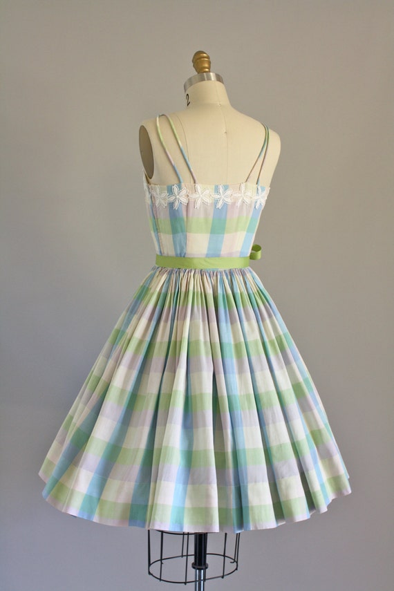 Vintage 50s Dress/ 1950s Cotton Dress/ Pastel Checkered Print