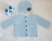 Crocheted Baby Boy Sweater/Hat/Booties Set in Powder Blue, 0M-3M