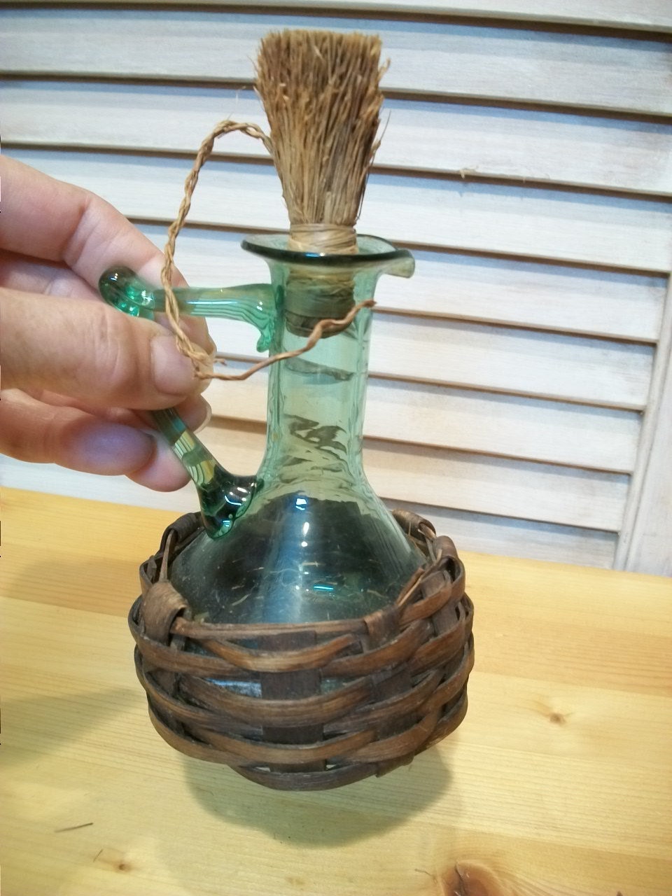 Vintage Oil Cruet, Vintage Vinegar Bottle, Green Vinaigrette Bottle