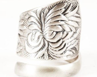 Chrysanthemum Ring, Floral Ring, Flower Ring, Wide Sterling Silver Spoon Ring, Shiebler Spoon, Handmade Jewelry, Adjustable Ring Size (5910)