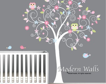 Nursery Wall Decals-Removable Wall Decals-Reusable Wall Decals-Tree Decals with Birds,Flowers,Owls-Baby,Children,Kids,Wall Decor-e44