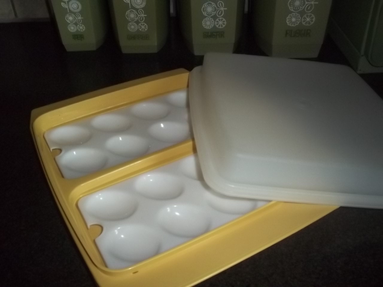 Vintage Tupperware Deviled Egg Tray Carrier in 1970s harvest gold color
