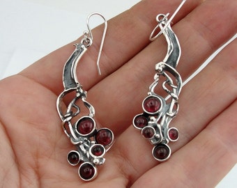 925 Silver Garnet Earrings, Hadar NEW Israel Long Sterling Silver Garnet Earrings, Long Silver Earrings, Garnet Earrings, (H 2103)