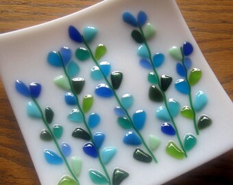 Fused Glass Plate, Shakuf design Blooming Branches in Blue and Turquoise on White