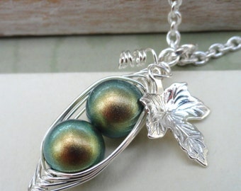 Two Peas in a Pod Pendant Necklace for Two Special People in iridescent Green 8mm Swarovski Pearls. For Brides,Friends,Sisters And Mothers.