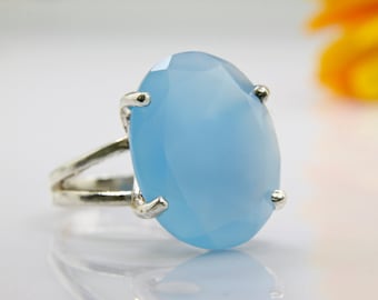 large gemstone ring,silver statement ring,Chalcedony ring,blue ring,cocktail ring,white gold ring,bridal ring