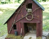 Primitive Lighted Rustic Barn Stable Folk Art burgundy  w/ worn black accents ~  Comes w/ light and cord ~  Birdhouse ~ Very unique!