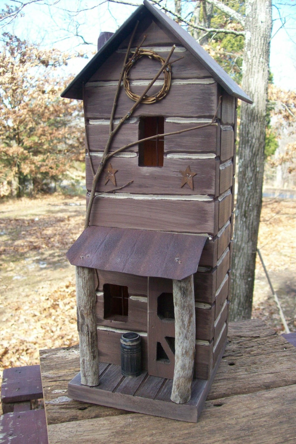 Hand Made Antique Vintage Folk Art Primitive Wood Log Cabin Rustic House 