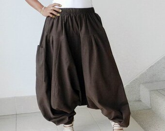 Harem Pant,Triangle,Yoga, Ninja Pants Organic Cotton 100% In Brown.