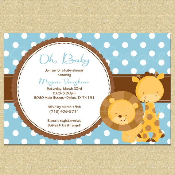 Lion & Giraffe Blue Polka Dot Jungle Animals Baby Shower Invitation Il_570xn