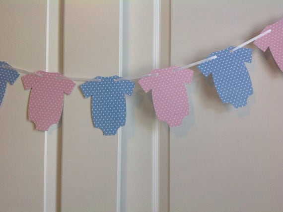 Gender Reveal pink and blue Onesie banner with white polka dots Birthday Party Twins Baby shower Custom colors Il_570xn