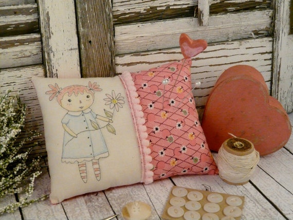 Raggedy Anne doll pincushion pin keep -  Pink ball trim ooak pin cushion pinkeep