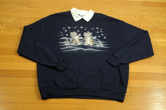 vintage 80s winter cat sweater sweatshirt 1980 novelty kitsch