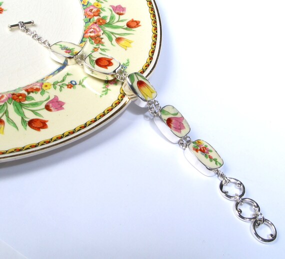 Broken China Jewelry Johnson Bros Pareek Pink Red Tulip