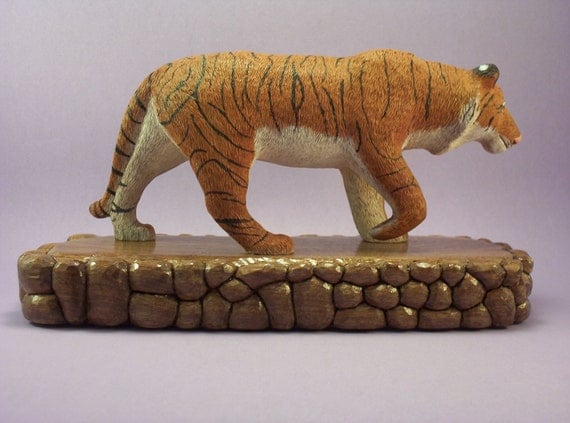 Hand carved wood tiger wildlife decorative woodcarving art animal sculpture home decor collectible hand made gift by Old Bear Woodcarving