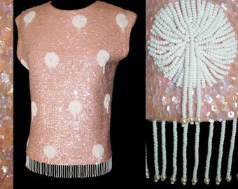 1950s Sweater Pink Beaded AB Sequins Sweater Hong Kong Dress Top Faux Pearls Mad Men Rockabilly Garden Party