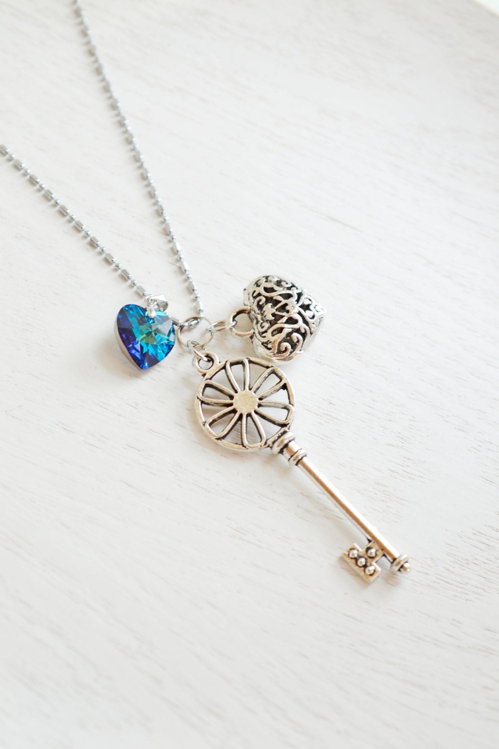 skeleton key heart key necklace matching couples gift blue
