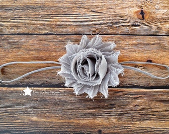 Grey shabby flower elastic headband, gray, baby elastic headband, frayed flower, baby headband, infant headband, newborn headband, baby gift