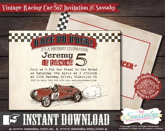 Vintage Racing Car Invitation - INSTANT DOWNLOAD - Editable & Printable Birthday Party Invitation by Sassaby Il_570xn