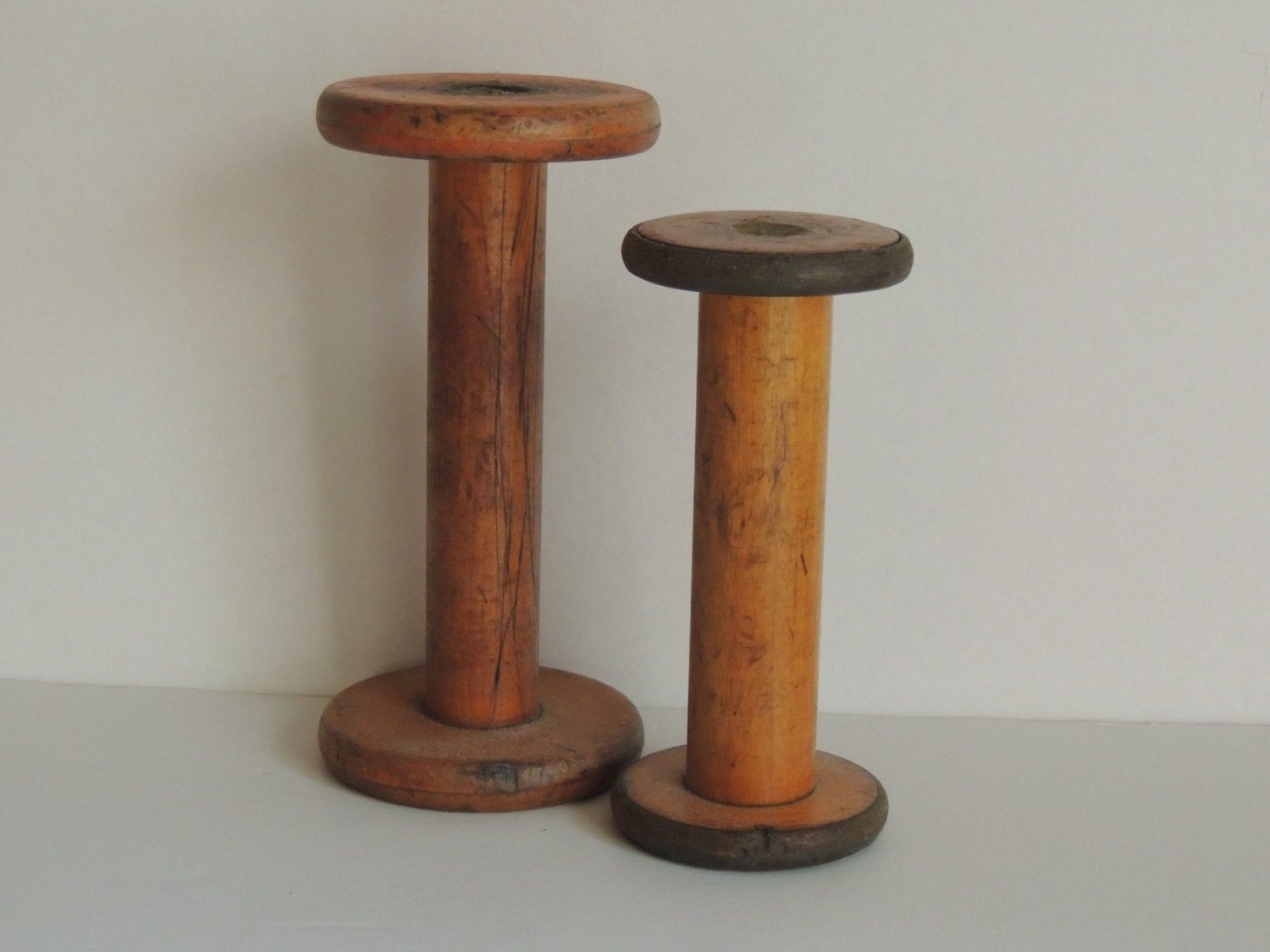 Antique Wood Textile Bobbins Spools Candle Holders