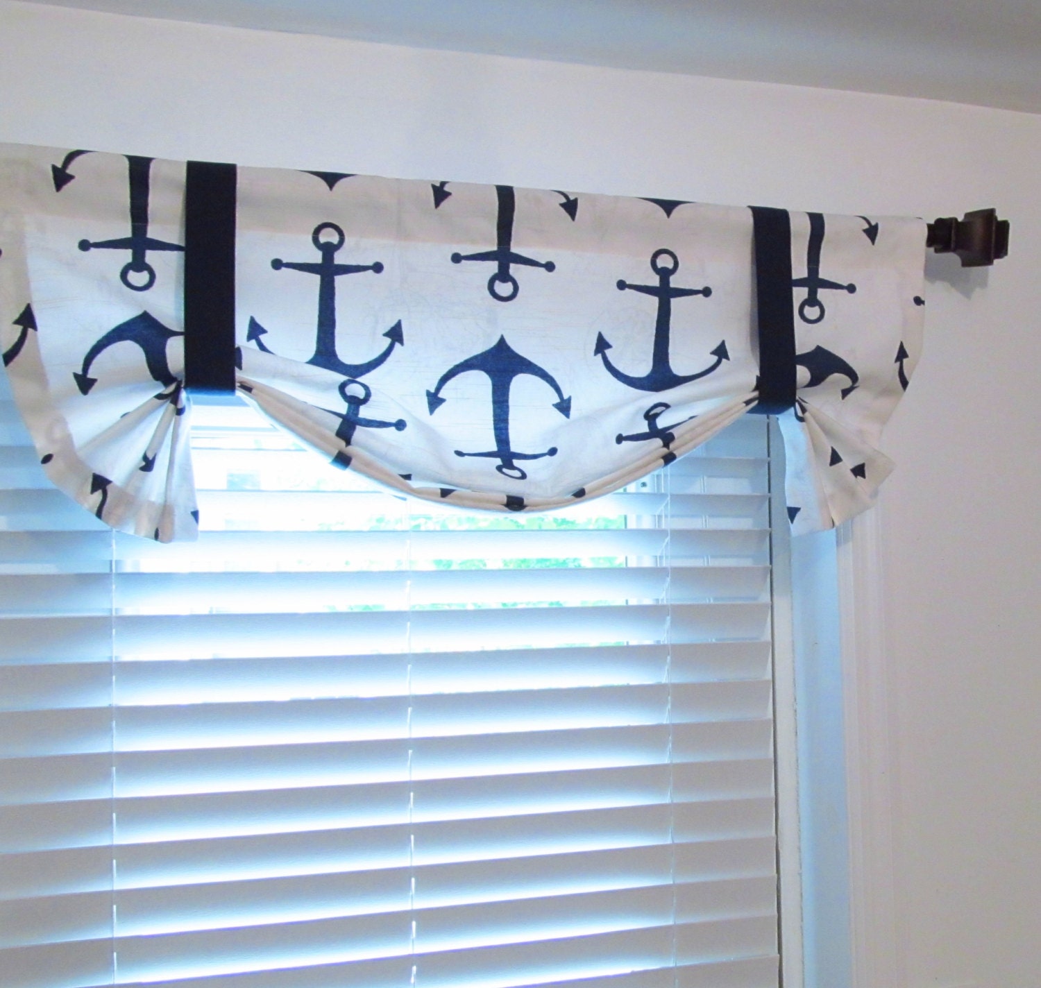 Anchors Tie Up Valance Nautical Curtain Navy Blue White/
