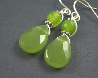 Kiwi green earrings chalcedony teardrop bridesmaid wedding dangle earrings