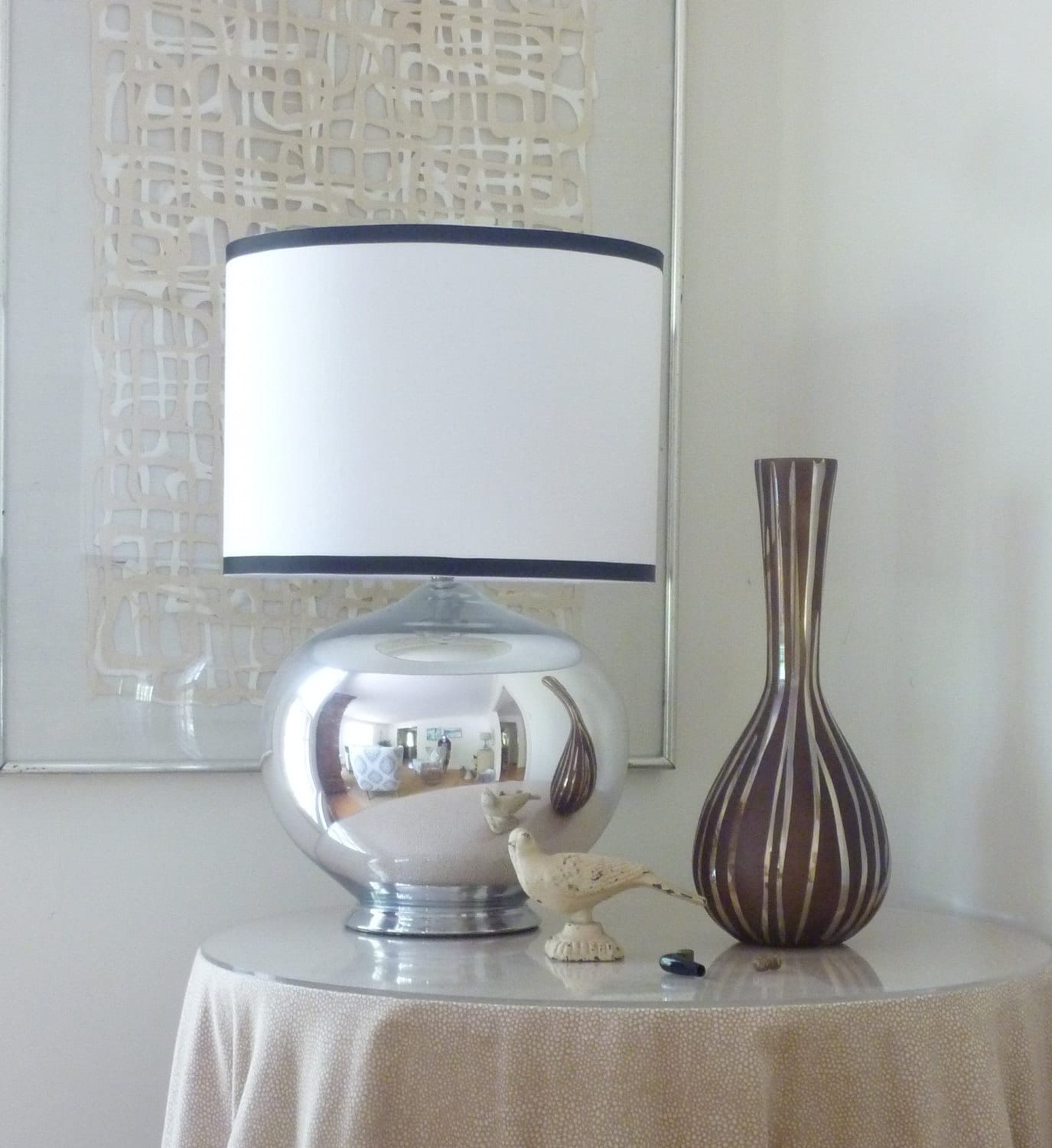 White Linen Drum Lamp Shade with Black Trim by LampShadeDesigns